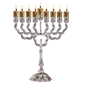 Ner Mitzvah Silver Plated Oil Menorah - Fits Standard Chanukah Oil Cups and Large Candles - Olive Branches - 11.5” High