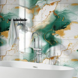 Chejiaye 22pcs Marble Peel and Stick Backsplash Waterproof Washroom Wall Panels, Peel and Stick Tile, PVC Wall Panels for Kitchen, Bathroom - 11.8"x11.8" Kitchen Tile (Green and Gold, 21.3 Sq.ft)