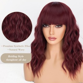 Nnzes Bob Curly Wig Synthetic Short Wine Red Wig with Bangs Natural Looking Heat Resistant Fiber Hair for Women