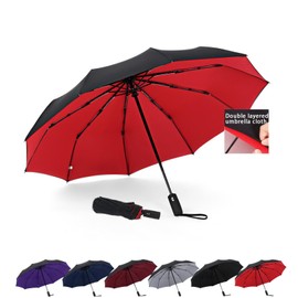 Windproof Travel Umbrellas for Rain - Lightweight, Strong, Compact with & Easy Auto Open/Close Button for Single Hand Use - Double Vented Canopy for Men & Women Umbrella, large portable umbrella,black umbrella (Red)