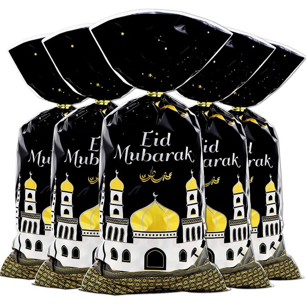 Eid Mubarak Goodie Bags, 100 Pieces Muslim Castle Moon Star Pattern Ramadan Treat Bags Cellophane Bags Goody Favor Bags with Gold Twist Ties for Muslim Islamic Eid Iftar Diwali Party Kids Gifts - Black