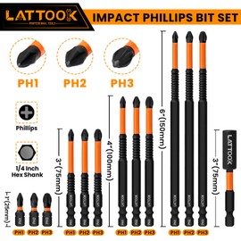 13-Pack Impact Phillips Bits Set, LATTOOK #1, #2, #3 Magnetic Anti Slip Long Phillips Screwdriver Bits Set, 1/4" Hex Shank S2 Steel, Ph1, Ph2, Ph3