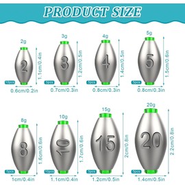 Pack of 50 Fishing Lead Fishing Lead Fishing Lead Fishing Accessories Set for Outdoor Sports Fishing 8 Sizes 2g/3g/4g/5g/8g/10g/15g/20g