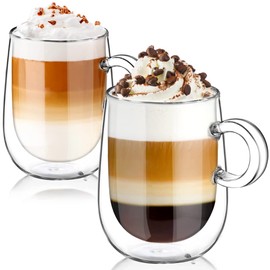 glastal 2x350ml Double Walled Coffee Glasses Mugs Cappuccino Latte Macchiato Glasses Cups with Handle Borosilicate Heat Resistant Glass Cups for Coffee Tea Milk Juice Ice Cream
