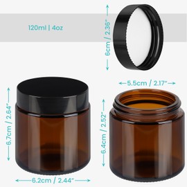Belle Vous 8 Pack of Round Amber Glass Jars and Black Screw-On Lids - 120ml/4oz - Empty Refillable Leakproof Containers/Pots for Cosmetic Storage, Lotion, Face Cream, Essential Oils, Ointment & Makeup