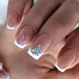 White Press on Nails French Tip Fake Nails Medium Glue on Nails Square Flowers Acrylic Nails Nude Artificial Translucent Nails Glossy Simple Stick on Nails for Women 24 Pcs