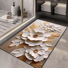 SUSOO Non-Slip Luxury Rubber Mat with 3D Relief Flowers,Extra Soft and Absorbent Microfiber Rugs,Fast Drying Diatomaceous Earth Mat for Bathroom, Kitchen, Room and Toilet (40cmx60cm/Golden Flower)