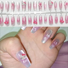 30 PCS Press on Nails Kitty Cat Fake Nails Cat's Eye Fake Nails Sunflower Fake Nails Bow Fake Nails Long Fake Nails Gifts for Women and Girls (No.77)