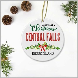 Merry Christmas Central Falls Rhode Island Ornament - Plastic Round Decoration Ornament Keepsake Christmas Tree Decor Housewarming Gifts Ideas for Friends, Family Members, Couples and Newlywed