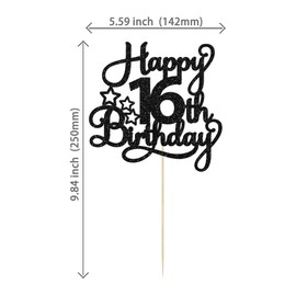 1 paquete de decoración para tarta de 16 cumpleaños con purpurina dulce para 16 tartas de cumpleaños 16 decoraciones para tartas para niños, suministros para fiestas temáticas de 16 cumpleaños, color negro