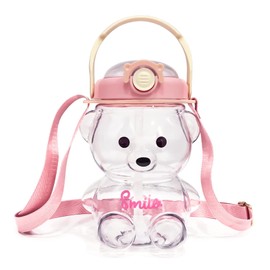 Bear Water Bottle with Straw Kawaii Cute Adjustable and Removable Shoulder Strap (1400mL, Pink)