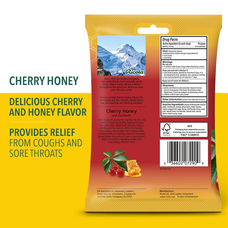 Ricola Cherry Honey Throat Drops, 24 Drops, Naturally Soothing Relief