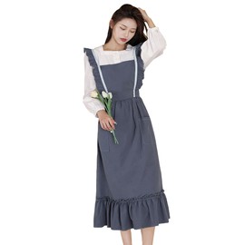 TOWYYO Women's Apron, Cute, Stylish, Frill, Pocket, Shoulder Bag, Kitchen, Cafe Style, Cooking Class, Cotton, Long Length, Solid, Scandinavian Style, One-piece Type, Pink, gray
