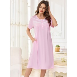Lovasy Women's Nightdresses & Nightshirts Soft Modal Nighties for Women Short Sleeve Ladies Nighties Nightdress Button Down Night Dress Women UK Casual Nighty Nightwear with Pockets,Light Pink,S