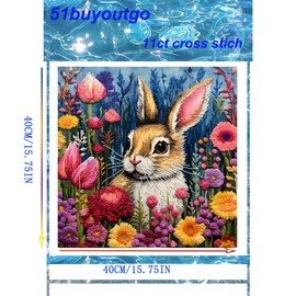 51buyoutgo Rabbit 11ct Cross Stitch, 11 Count Counted Stamped Pre Printed Cross Stitch Embroidery Kits for Adults Beginners Starter Advanced Easy Crossstitch Animal Patterns Set 40x40 cm