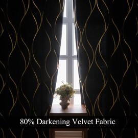 L.Z.E Black Gold Blackout Curtains for Bedroom, Heavy Duty Velvet Curtains 84 Inches Long 2 Panels Set, 80% Room Darkening Curtains for Living Room, Extra Thick Drapes with Gold Pattern Grommet Top