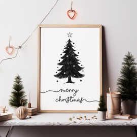 JUHMI Xmas Poster, A5 (15 x 21 cm) Decoration with Saying for Christmas, Living Room Wall Decoration, Bedroom, Kitchen Decoration with and without Frame, Merry Christmas Tree Black White