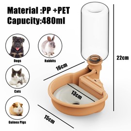 TOKAYIFE Pet Water Bottle [Orange, 480ml] Cage Water Bottles for Rabbits, Dogs, Ferrets, Cats and Other Small Animals, Anti-Overflow Water Dispenser for Crate
