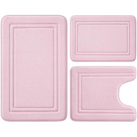 BYSURE Pink Memory Foam Bath Mat, Bathroom Rugs Sets 3 Piece, Non Slip Extra Soft Absorbent Machine Washable & Dry Mats and Rugs Sets for Toilet Shower Sink
