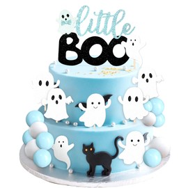 Little Boo - Decoración para tartas de Halloween, fantasma, calabazas, bolas azules, decoración para magdalenas, Halloween, baby shower, suministros para fiestas de cumpleaños