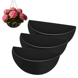 Sythrix 3 PCS 14 Inch Half Round Hanging Basket Liner, Fabric Hanging Planter Liner, Replacement Felt Liner Black, Flower Basket Liners for Wall Planters Ggarden Wooden Planter