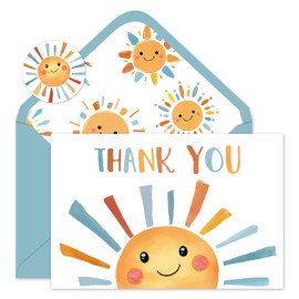 Whaline 24 Pack Boho Sun Thank You Cards Blue Brown Sunshine Note Card with Envelopes Stickers Cute Retro Greeting Blank Card for Birthday Baby Shower