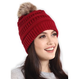 Brook + Bay Pom Pom Beanie Winter Hat for Women - Faux Fur Pompom Warm Chunky Soft Cable Knit Hats - Cold Weather Knitted Hat, maroon,