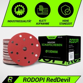 RODOPI RedDevil Sandpaper 150 mm Velcro Sanding Discs 15 Holes Sanding Pads for Random Orbital Sanders Velcro Disc Zirconia Corundum Grit 40-320 - Pack of 50 K80