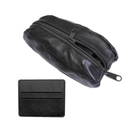 MEMOFYND 1 Leather Wallet with 1 Leather Card Holder, Portable Storage Tool, Mini Purse, Simple Key Bag (Black) 7*11cm, black