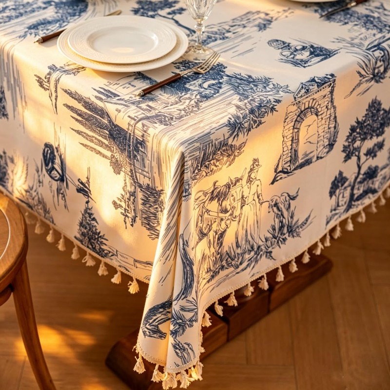 Retro Blue White Toile De Jouy Printed Rectangular Tablecloth, Premium