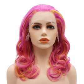 LUSHY BEAUTY Hair Synthetic Lace Front Wig Wavy Shoulder Length 16inch Rose Red Gold Yellow Mix Heavy Density Heat Resistant Realistic Wig