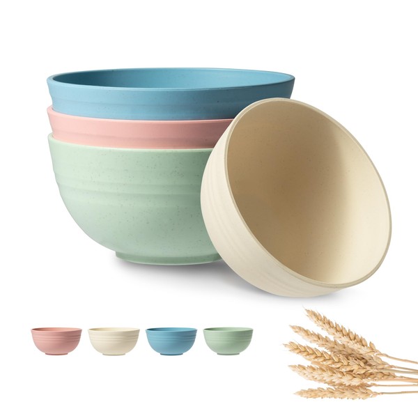 Colorful Wheat Straw Bowls 4-Pack, Unbreakable Cereal/Salad Bowls, Microwave &