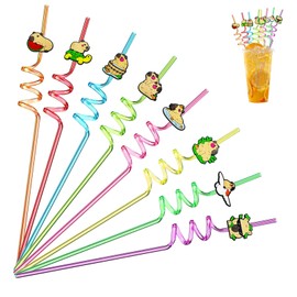 Yootiko Children's Straws, Pack of 8 Reusable Drinking Straws, Animal Straws, Children's Birthday, Capybara Straw, Colourful Curly Cocktail Party Straws, Birthday Party Decorations Party Supplies