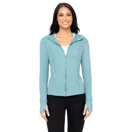 Yogalicious chamarra ligera con capucha y cierre completa con agujeros para los pulgares, Azul ahumado, XL