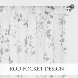 Beauoop Floral Linen Semi Sheer Curtains 108 Inches Long 2 Panels for Living Room Bedroom Grey Farmhouse Flower Patterned Light Filtering Textured Rod Pocket Window Treatments Drapes, 50x108 2 Set