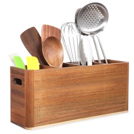Wooden Utensil Holder, Multi-pose Organizer for Kitchen Counter or Countertop, Acacia Wood Utensil Holder for Storage Cooking and Silverware Large Kitchen Utensils Caddy Tool with 4 Compartment