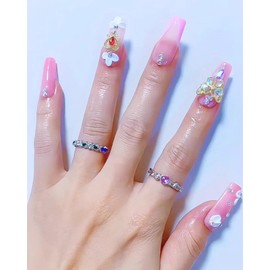 CAMILCY Press on Nails Handmade Nails Luxury Reusable Fake Nails For Girls Long Coffin Armor Pink Diamonds Hand Painted Salon Loveful Design Acrylic Gel UV Finished 3D Nails 10PCS(B19, S)