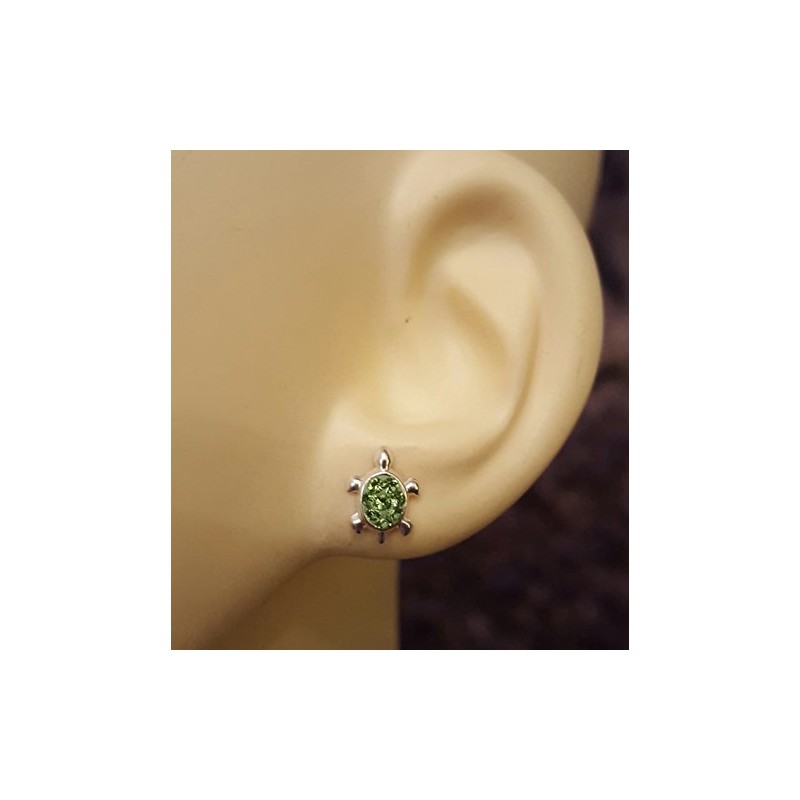 Small Turtle Sterling Silver Stud Earrings With Green Crystal Stones