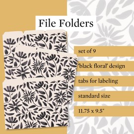 Steel Mill & Co Cute File Folders, Set of 9, Document Organizer for Filing Cabinet, Decorative Letter Size Files, Hand Drawn Black Floral