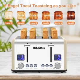 Toaster 4 Slice, KitchMix Bagel Stainless Toaster with LCD Timer, Extra Wide Slots, Dual Screen, Removal Crumb Tray (Cream)