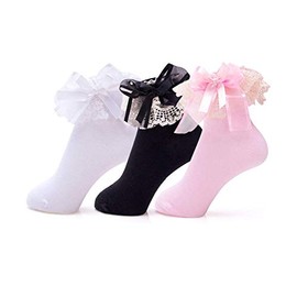 BAIYIXIN 3 Pack Little Girls Cotton Lace Ruffle Princess Style Dress Socks, Z-3colors, 6-9 Years