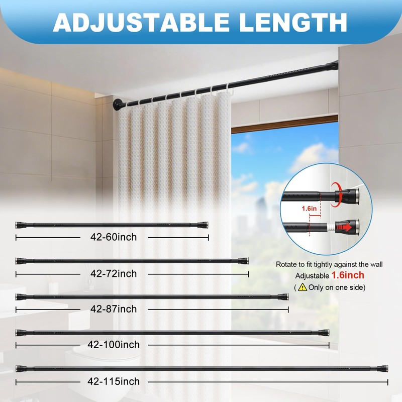 Tension Curtain Rod, 42 to 100 inch Adjustable Heavy Duty