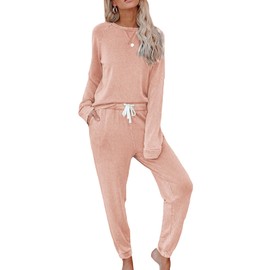 FIOPHY Women's 2 Piece Outfits Lounge Sets Long Sleeve Tops and Jogger Sweatpants Sweats Track Suits Loungewear Pajama Sets - Coral Pink M