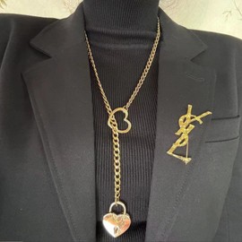 Dtexhif Heart Lock Slip Chain Necklace for Women Men Stainless Steel Cuban Chain Long Necklace Punk Rock Collar Necklace Adjustable Lariat Y Necklace Heart Lock with Key (Gold lock)