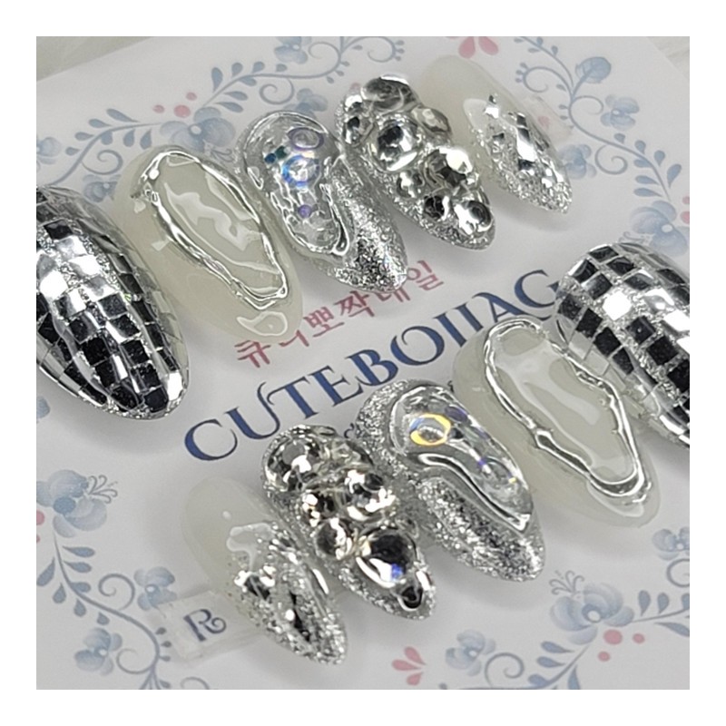 Multi Silver Handmade Nail Tips - Almond M / 멀티