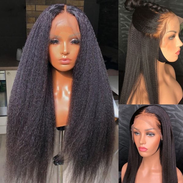 Yaki Straight Lace Front Wigs Human Hair 14 Inch Msgem 13 x 4 Kinky Straight Lace Frontal Wigs 150% Density Brazilian Virgin Human Hair Pre Plucked with Baby Hair Natural Colour