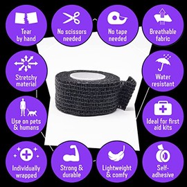 Black Self Adherent Cohesive Bandages 2.5cm x 4.5m Box of 12 - Uses Include Vet Wrap, Tape for Wrist and Ankle Sprains, Finger and Thumb Tape,