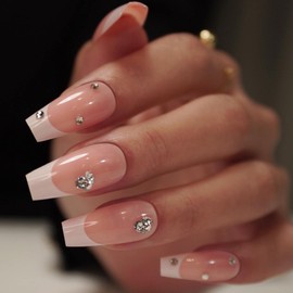 YoYoee Coffin Long Press On Nails Rhinestone Fake Nails Acrylic French False Nails White Full Cover Stick On Nails for Women and Girls (24 PCS)