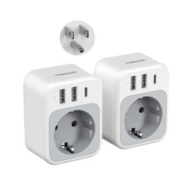TESSAN USA Adaptor Socket 2 Pieces, 4 in 1 Travel Adapter USA with 1 USB C and 2 USB A, Adapter USA Germany Plug, EU to US Adapter, Socket Adapter USA for Thailand Canada, Travel Plug Type B