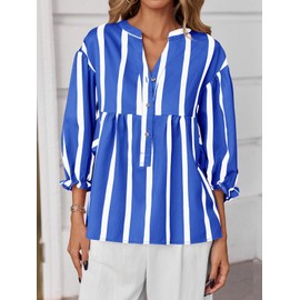 Tankaneo Womens Puff Sleeve Babydoll Tops Summer V Neck Striped Blouse Cute Casual Loose Fit Flowy Shirts Blue